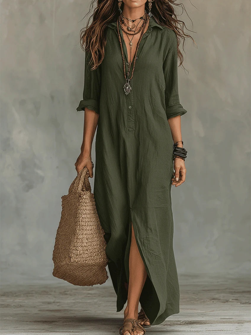 Vera Milano / Vestido Maxi Negro Amplio con Botones