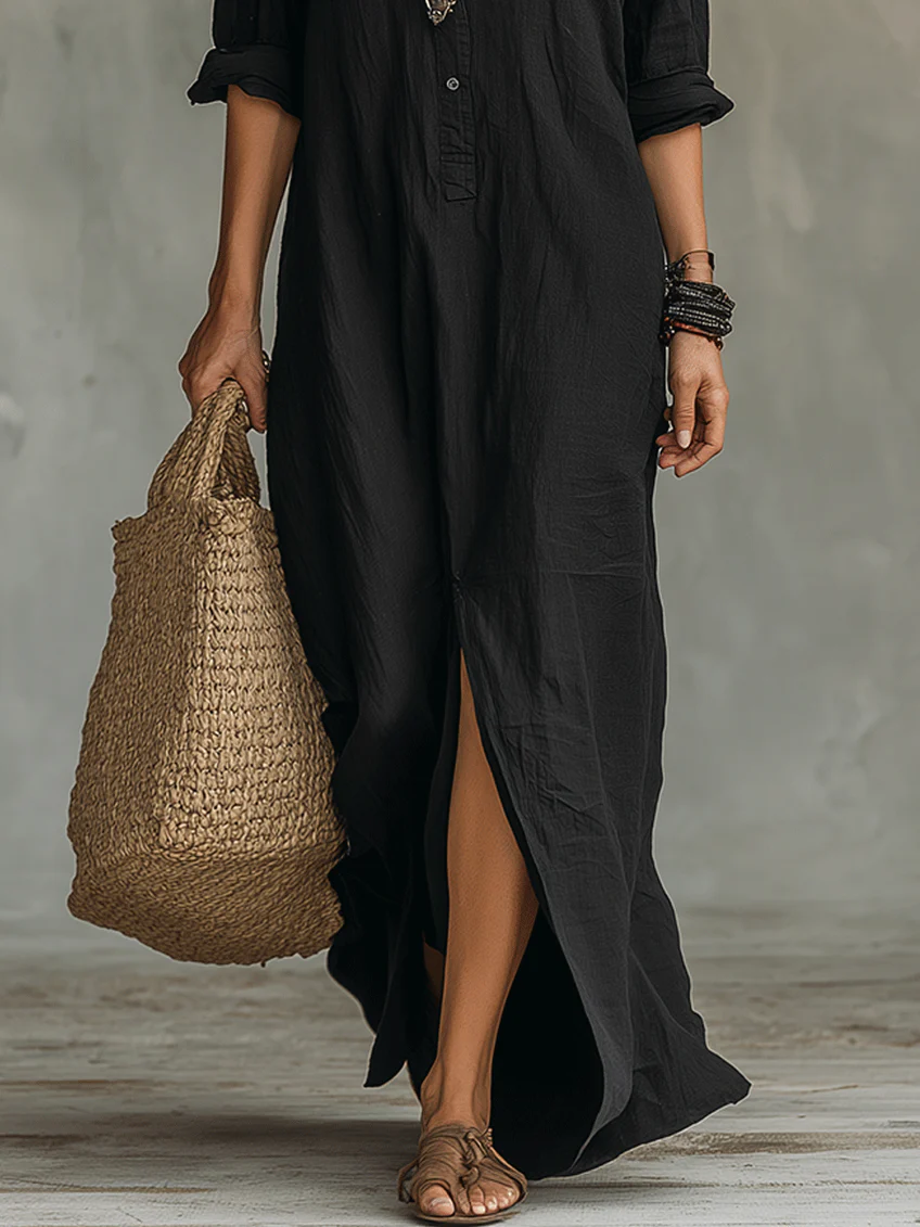 Vera Milano / Vestido Maxi Negro Amplio con Botones