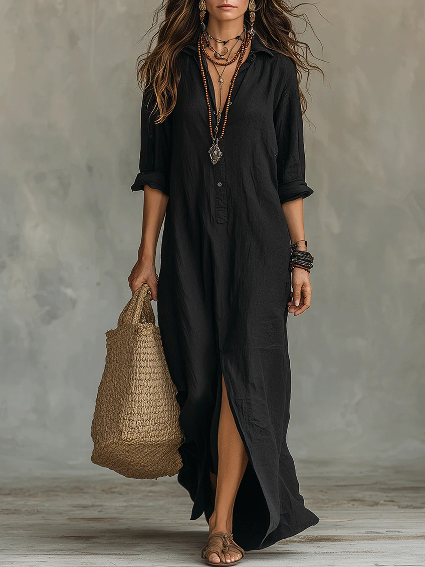 Vera Milano / Vestido Maxi Negro Amplio con Botones