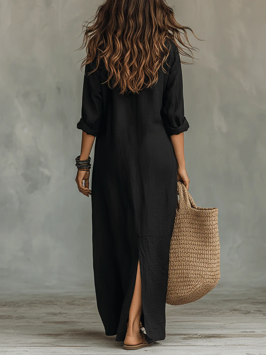 Vera Milano / Vestido Maxi Negro Amplio con Botones