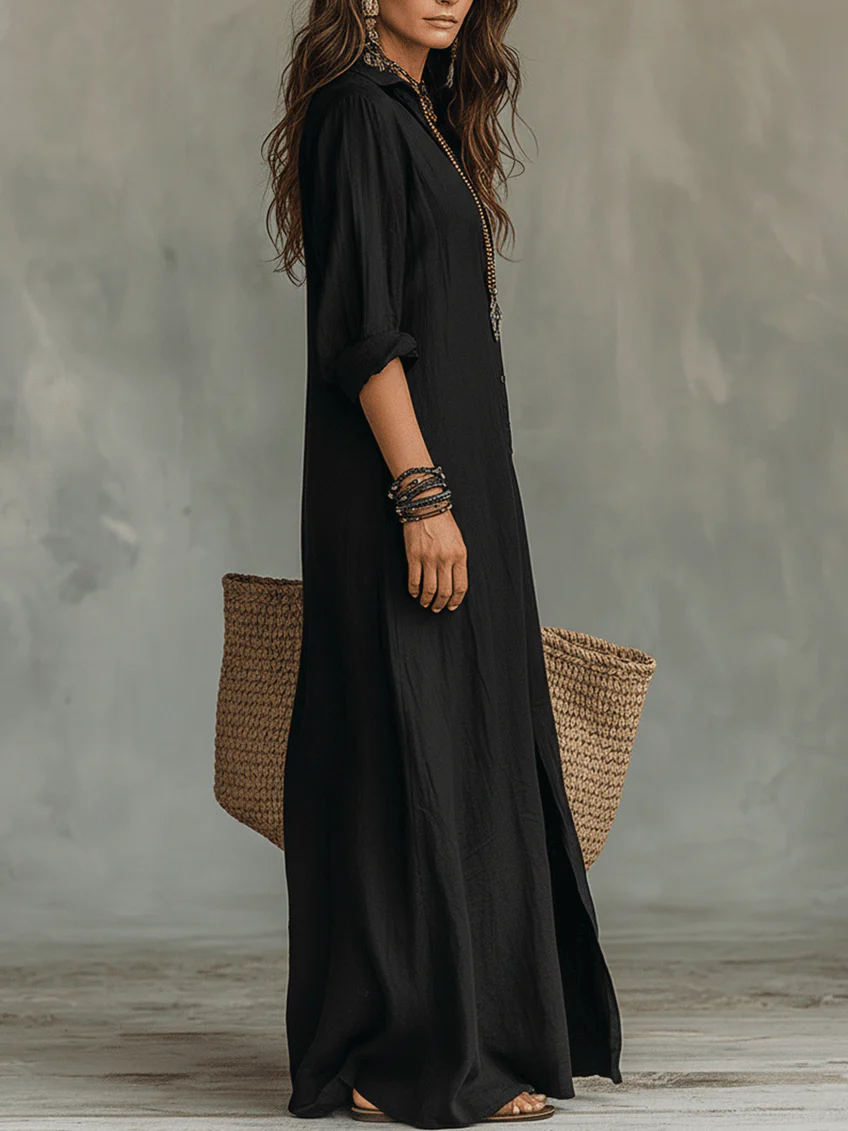 Vera Milano / Vestido Maxi Negro Amplio con Botones