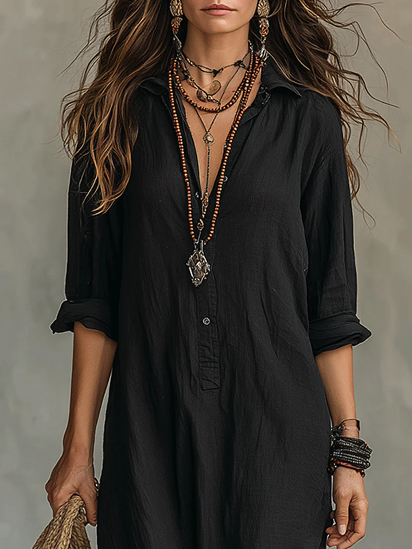 Vera Milano / Vestido Maxi Negro Amplio con Botones